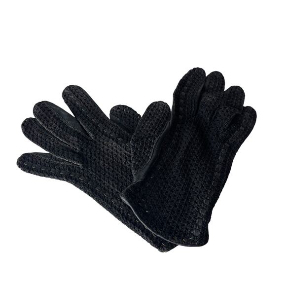 Vintage 80s Black Leather Crochet Driving Gloves Small Lightweight Open Knit - Picture 9 of 16
